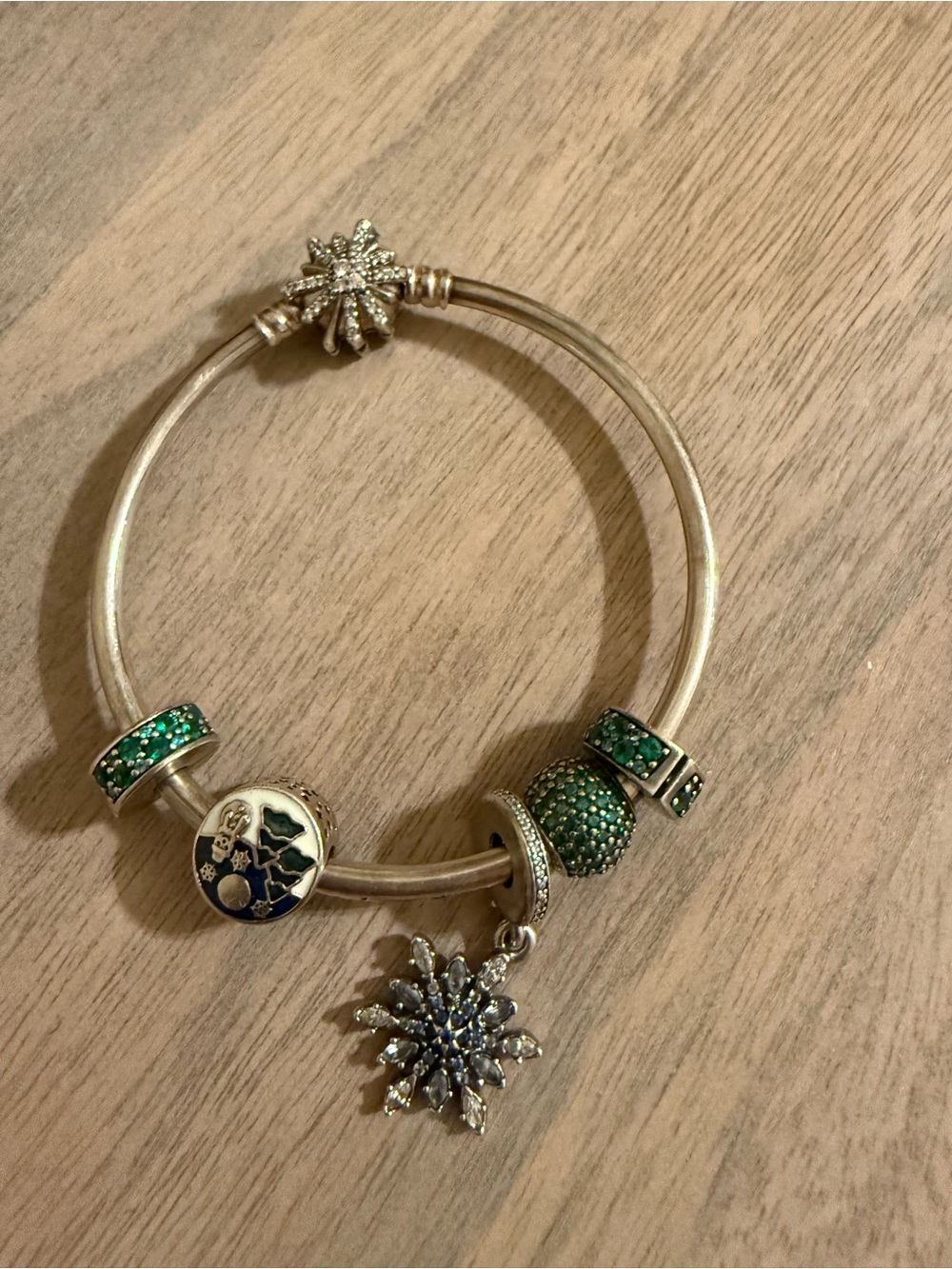 Pandora Silver Bangle with Green Crystal clips and winter theme charms